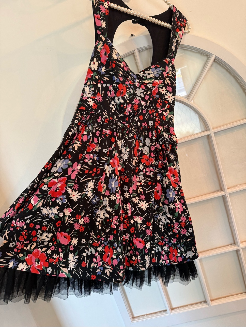 Free People Floral Dress with Tulle Hem Trim & Smocked Back Whimsigoth milkmaid